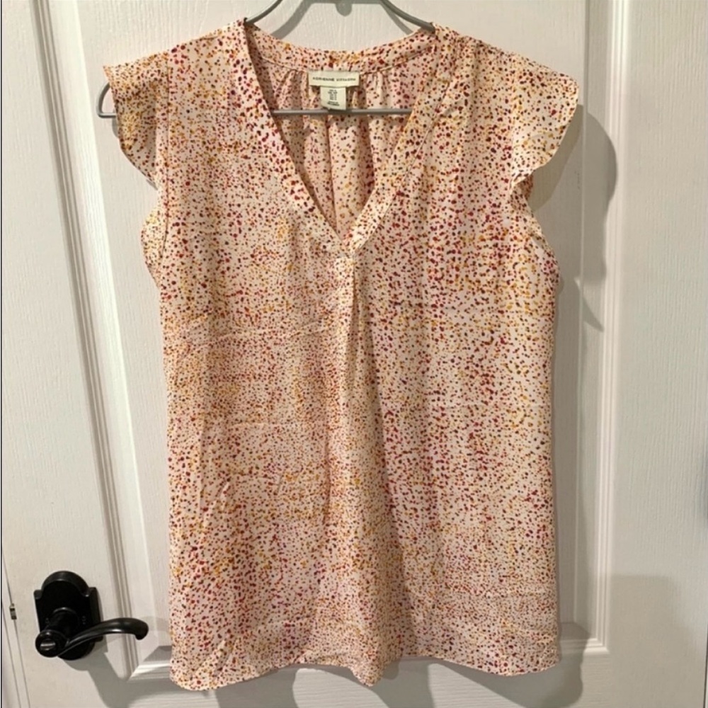 Adrienne Vittadini White Flutter Sleeve Top with Pink and Orange Dot Print Sz S